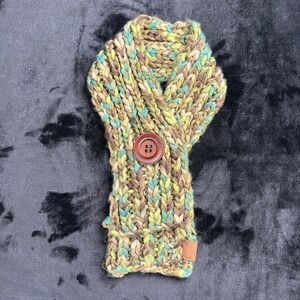 Fossil Hand Knitted Button Neck Warmer Scarf Cowl Green Brown Blue Y2K Vtg Retro